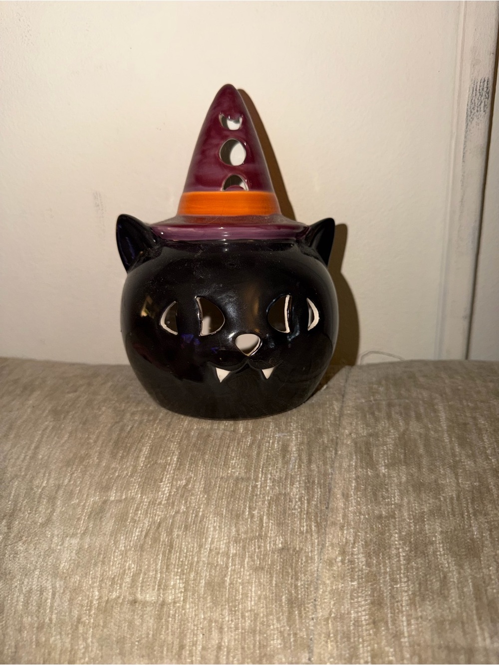 Set of 2 Ceramic Black Cat Halloween Luminary with Purple & Orange Hat